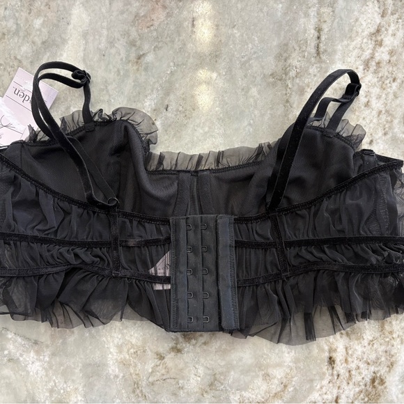 NWT Women’s Aiden Velvet & Mesh Pleated Bra black Sz M, Ruffle trim - Picture 4 of 5
